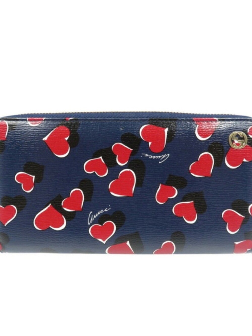 Gucci Navy Blue & Red Heart Long Leather Zip Around Wallet NWOT